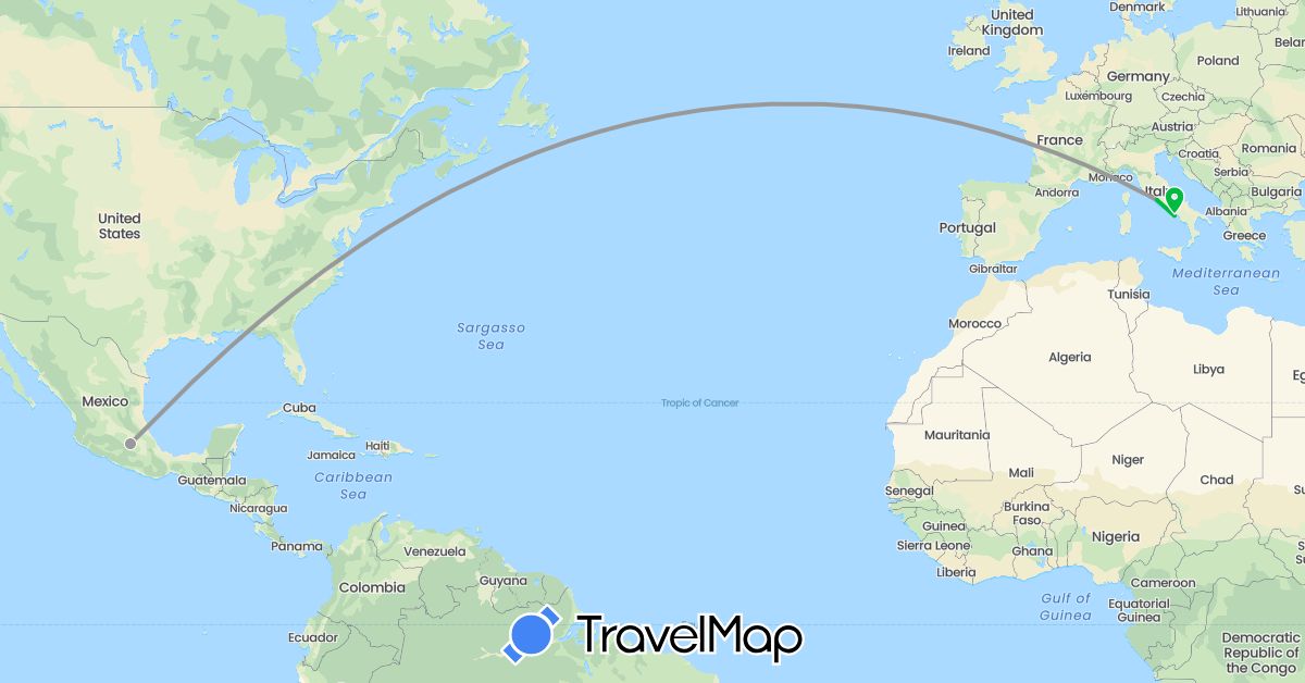 TravelMap itinerary: driving, bus, plane in Italy, Mexico (Europe, North America)